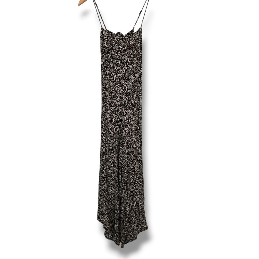 Blue Rain Womens Animal Print Wide Leg Jumpsuit Black Tan Tie Back Small